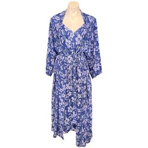 Josie Natori Gown & Robe Set Blue Hibiscus Floral